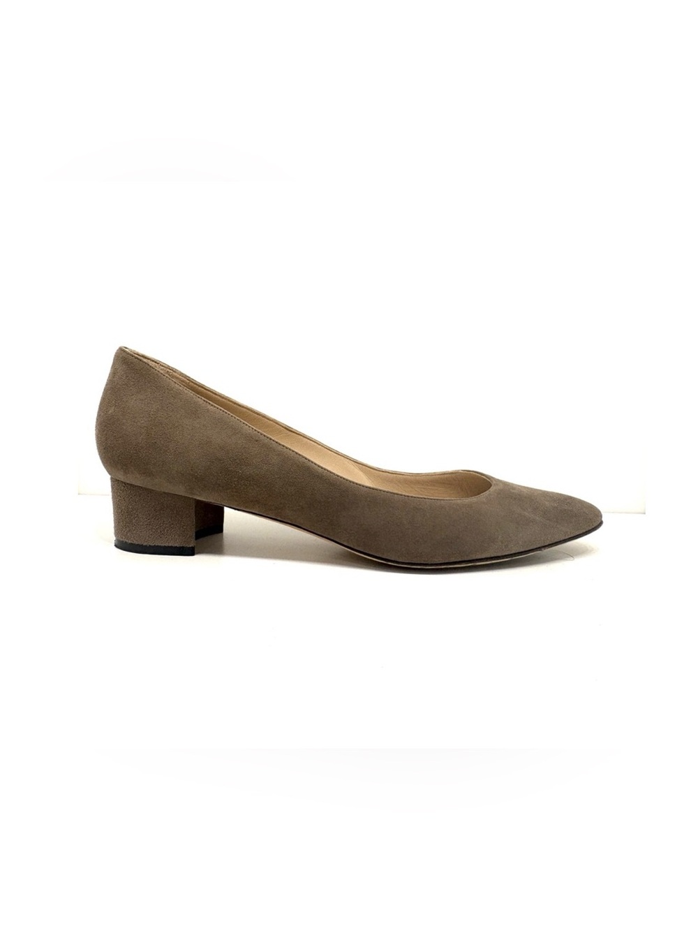 Manolo Blahnik Taupe Suede Low Block Heel Pumps